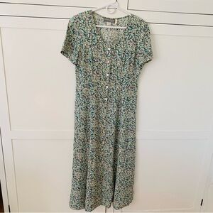 Vintage Carol Anderson Green Ditsy Floral Shoulder Pads Button Front Maxi Dress